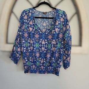 *NWOT* Crosby By Mollie Burch Blue Tribal Print Peasant Blouse, Sz L